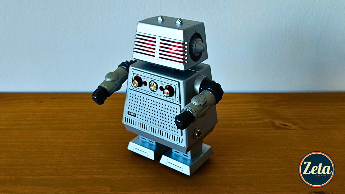 Angled view of ASTROMAN portable guitar amplifier in robot form
